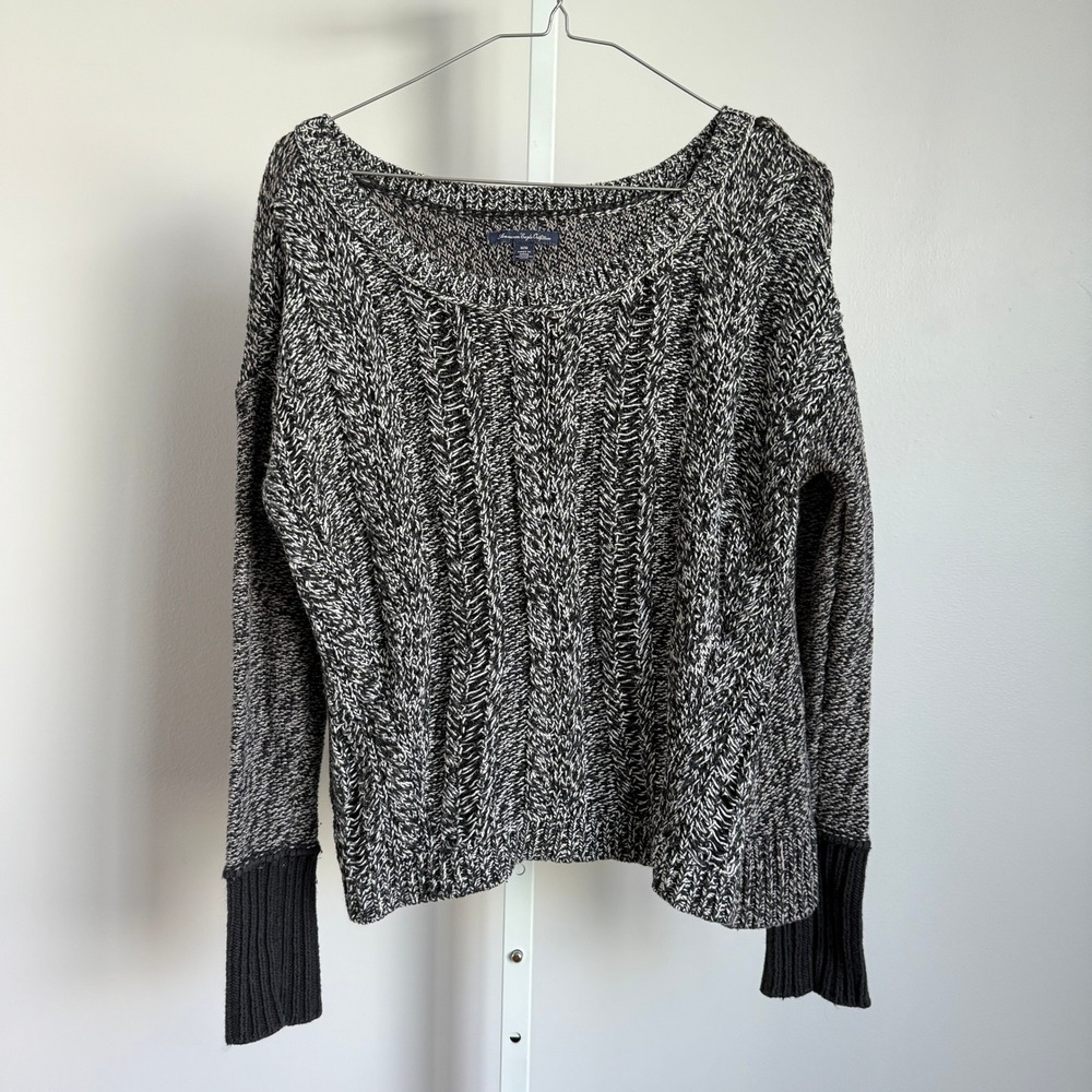 American Eagle Cotton Wool Academia Relaxed Marled Cable Knit Sweater M Black